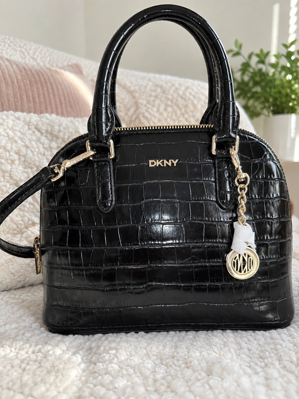 NWT DKNY Bryant Dome Satchel Black Croc Embossed Gold Hardware